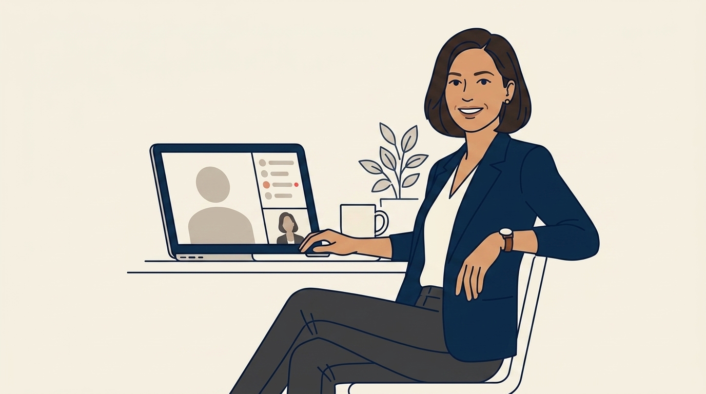 Maya on a video call with her first real inquiry, relaxed and conversational, her screen showing a clean pitch structure beside the call window