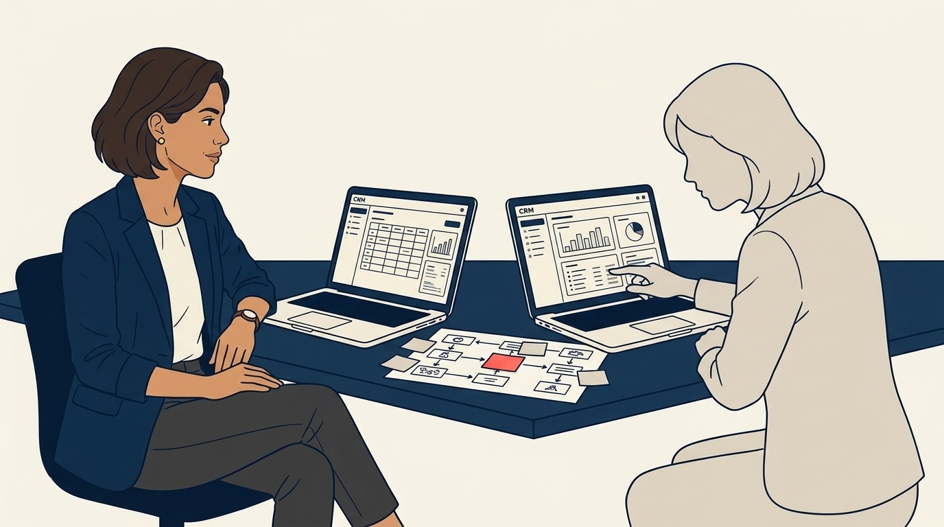 Maya dan karyawan baru Sales Ops-nya duduk bersama di sebuah meja, dua laptop terbuka menunjukkan layar CRM, catatan tempel di antara mereka pada diagram proses