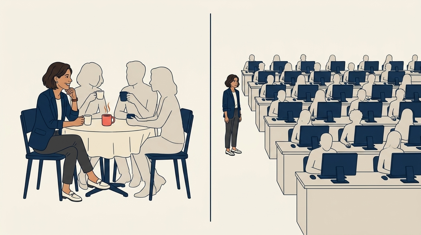 Maya at a small kitchen table with three agents, easy energy, vs the same Maya at the edge of an open agency floor where nobody is looking up
