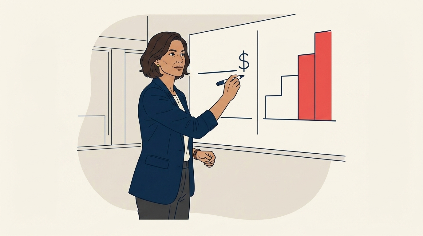 Maya at a whiteboard sketching a flat horizontal line representing flat commission, then drawing three rising steps beside it for tiers