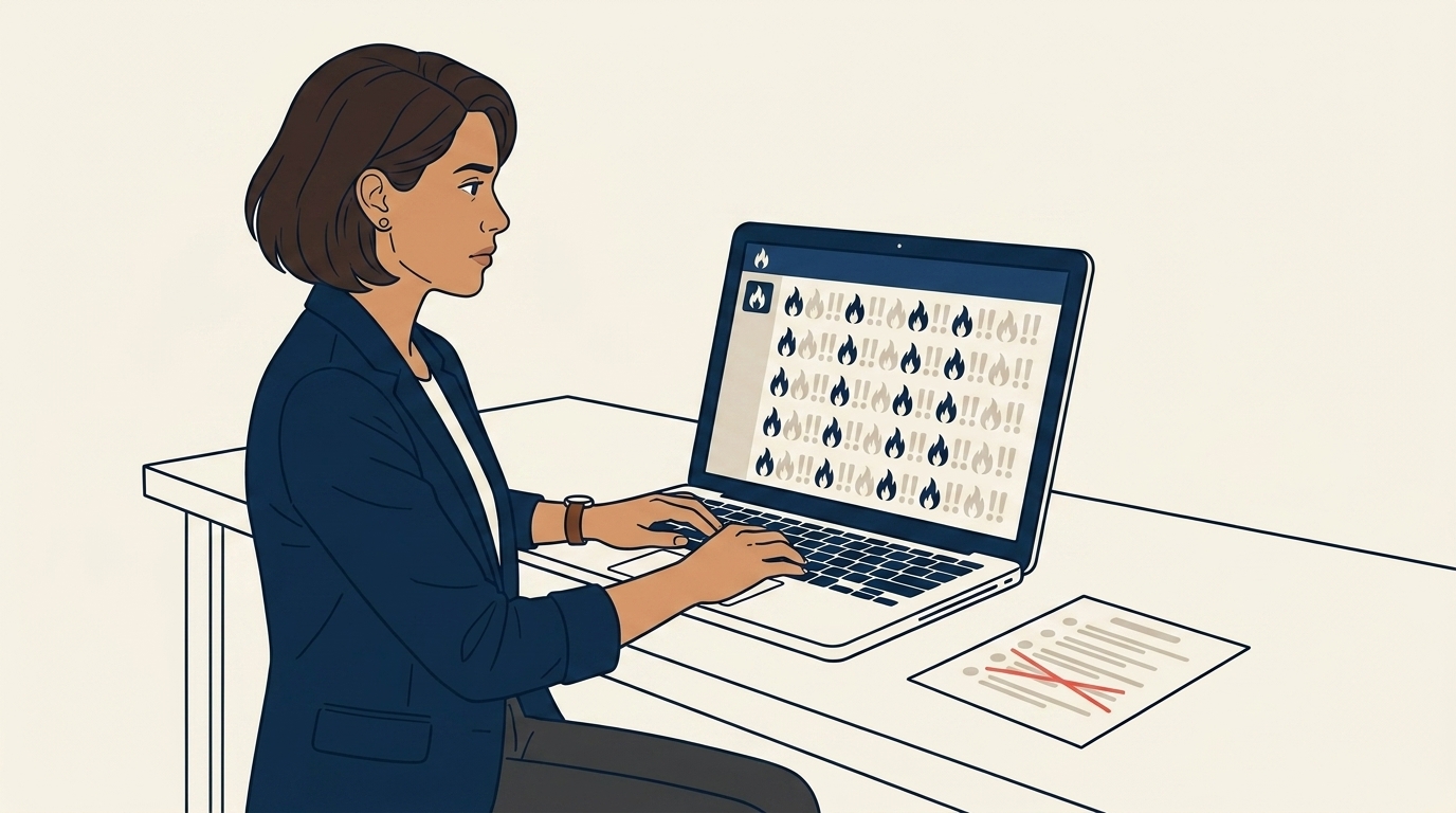 Maya at her desk in a thoughtful posture, looking at a Slack channel on screen showing a stream of red flame emojis and exclamation marks, mild concern