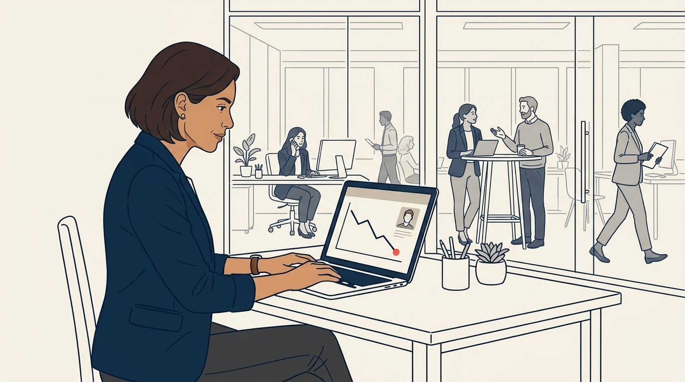 Maya at her desk on a Thursday afternoon, calm focused expression, the floor visible behind her with healthy ambient activity, no escalations visible