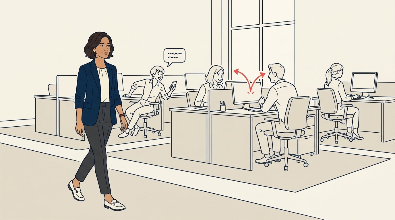 Maya walking the floor mid-afternoon, casual stride, two agents visible mid-call with engaged expressions, light banter visible between two others at adjacent desks