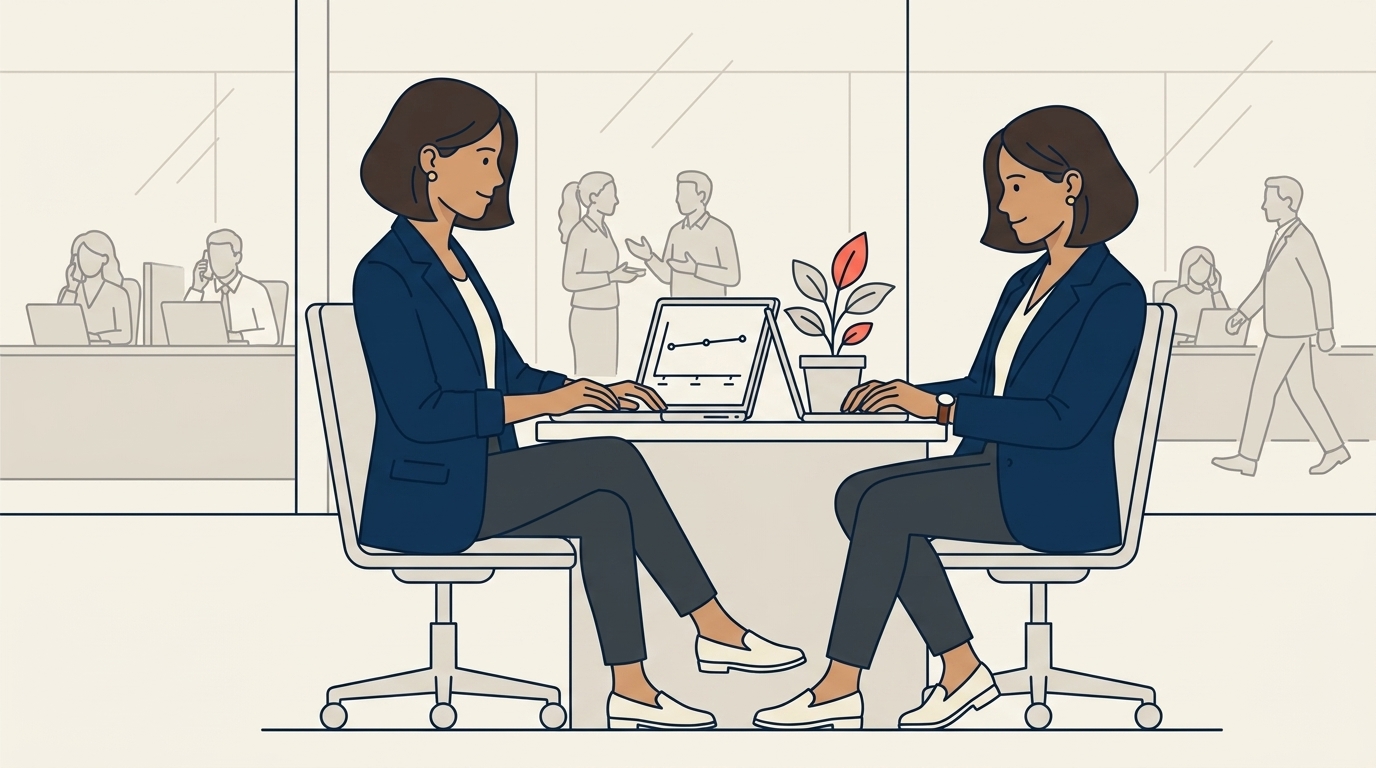 Maya di kantornya, lantai agensi terlihat di belakangnya dalam aktivitas harian yang sehat, ekspresi tenang dan lega saat ia meninjau dashboard yang rapi