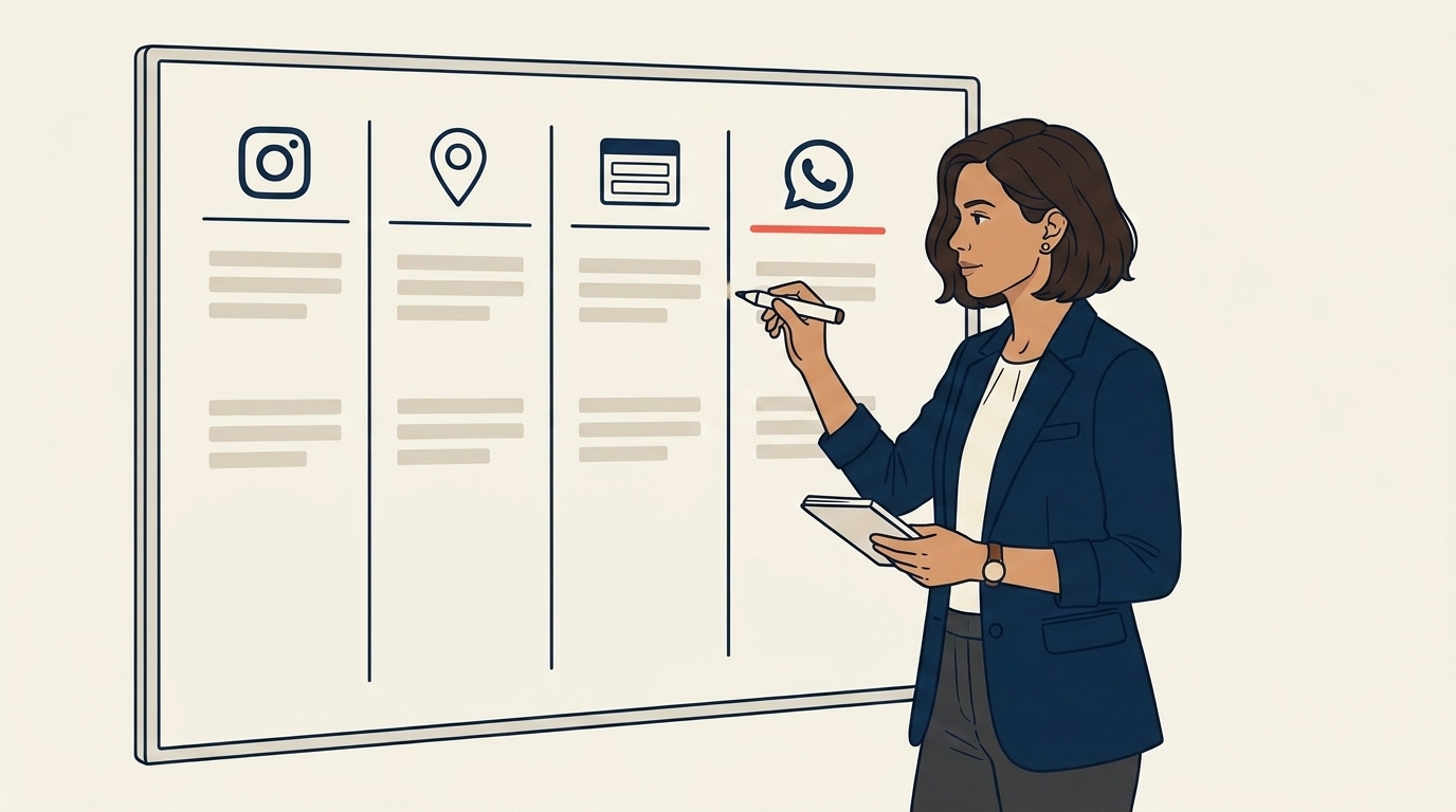 Maya at her whiteboard drawing a 4-column channel matrix, each column labeled Instagram, Google, Web Form, WhatsApp, with conversion rates and SLAs under each