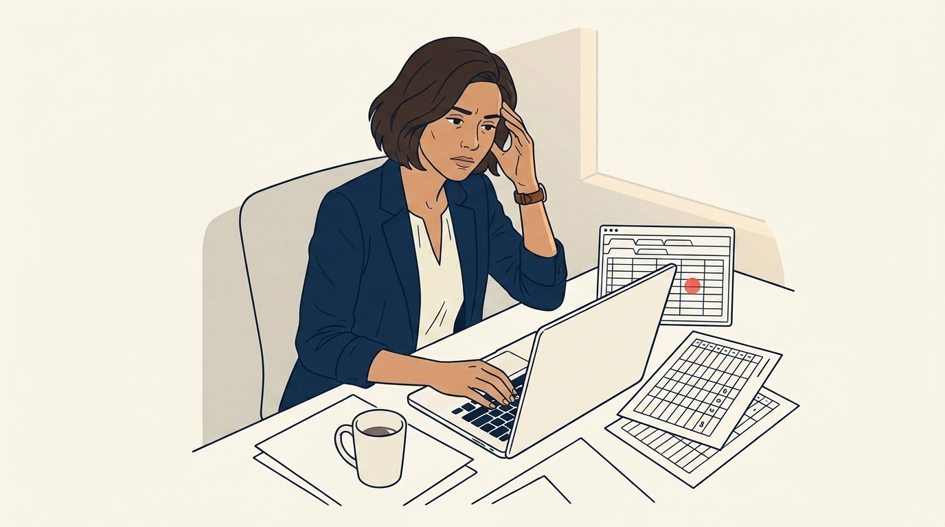 Maya di meja kerjanya dalam cahaya sore, tiga tab peramban terbuka dan dua spreadsheet terbentang, tangan di pelipisnya, cangkir kopi setengah kosong di samping keyboardnya
