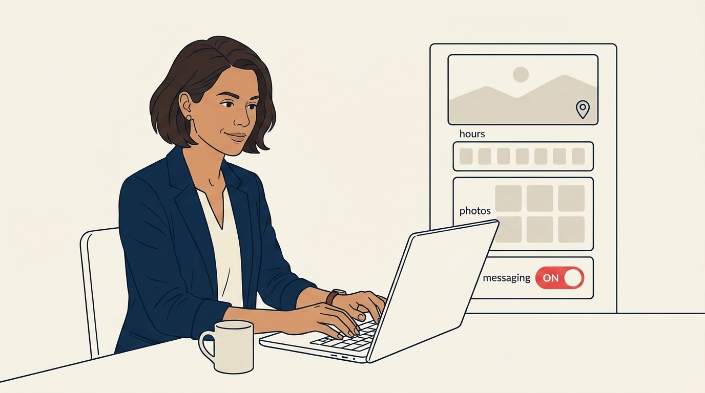 Maya at her laptop configuring a Google Business Profile, the interface visible with business hours, photo upload section, and a "messaging enabled" toggle in coral highlight