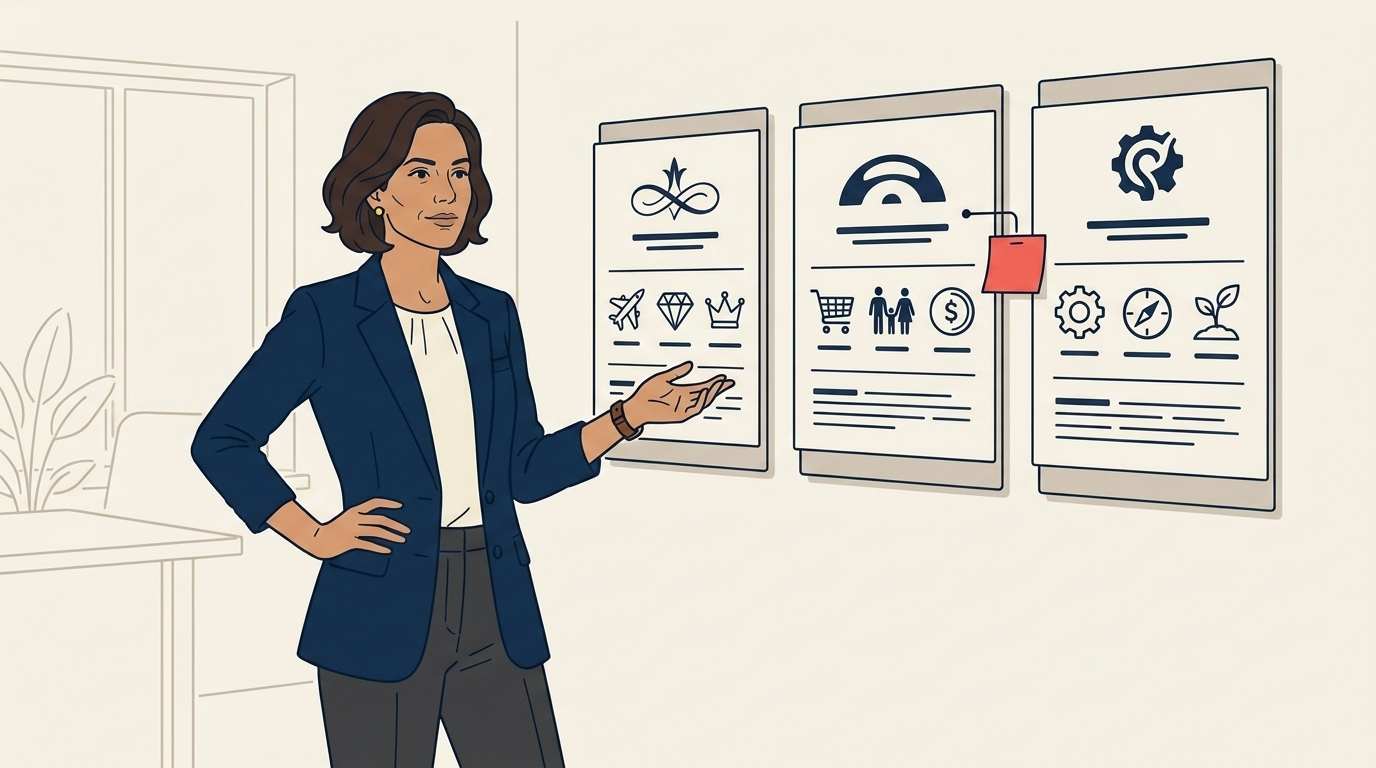 Maya at a portfolio review with multiple brand boards visible on a wall, each board showing a different brand's identity and target customer