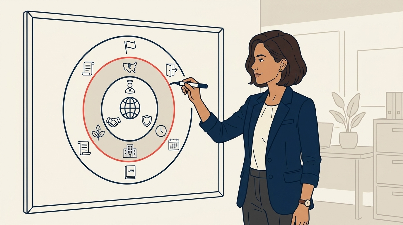 Maya di papan tulis menggambar tiga lingkaran konsentris berlabel Centralized, Regional, dan Local, contoh-contoh di setiap lingkaran dalam linework bersih