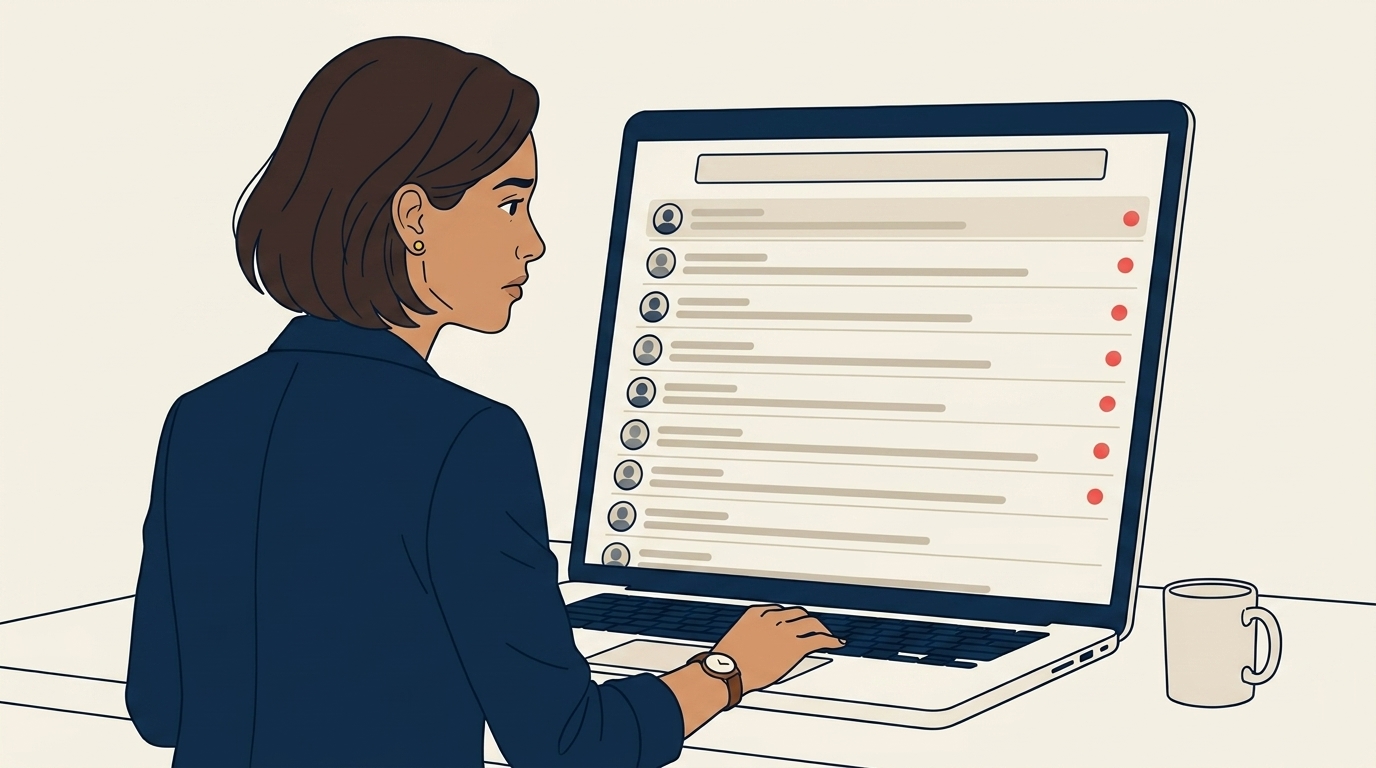 Maya at her laptop showing a single Instagram inbox with 40+ unread DMs, no way to see who's assigned to what, a sense of the chaos a shared inbox creates