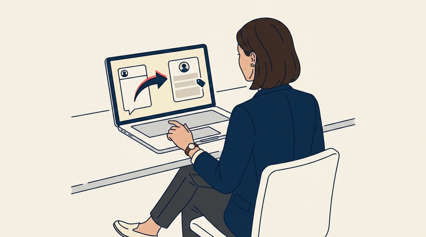 Maya at her laptop configuring an Instagram-to-CRM integration, a Meta Business Suite panel visible alongside a CRM contact creation step
