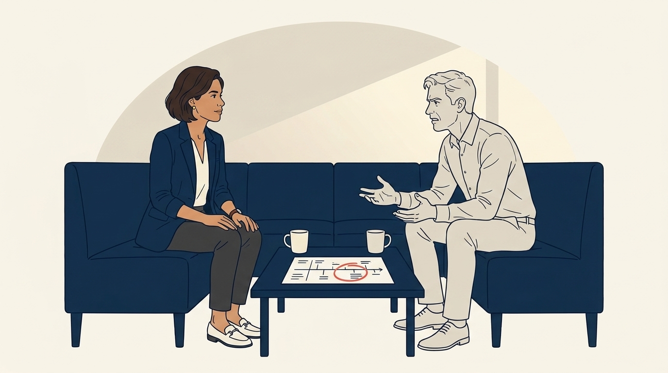 Maya in a one-on-one with the acquired-agency founder, both at a couch in an honest conversation, the founder visibly frustrated, late afternoon light
