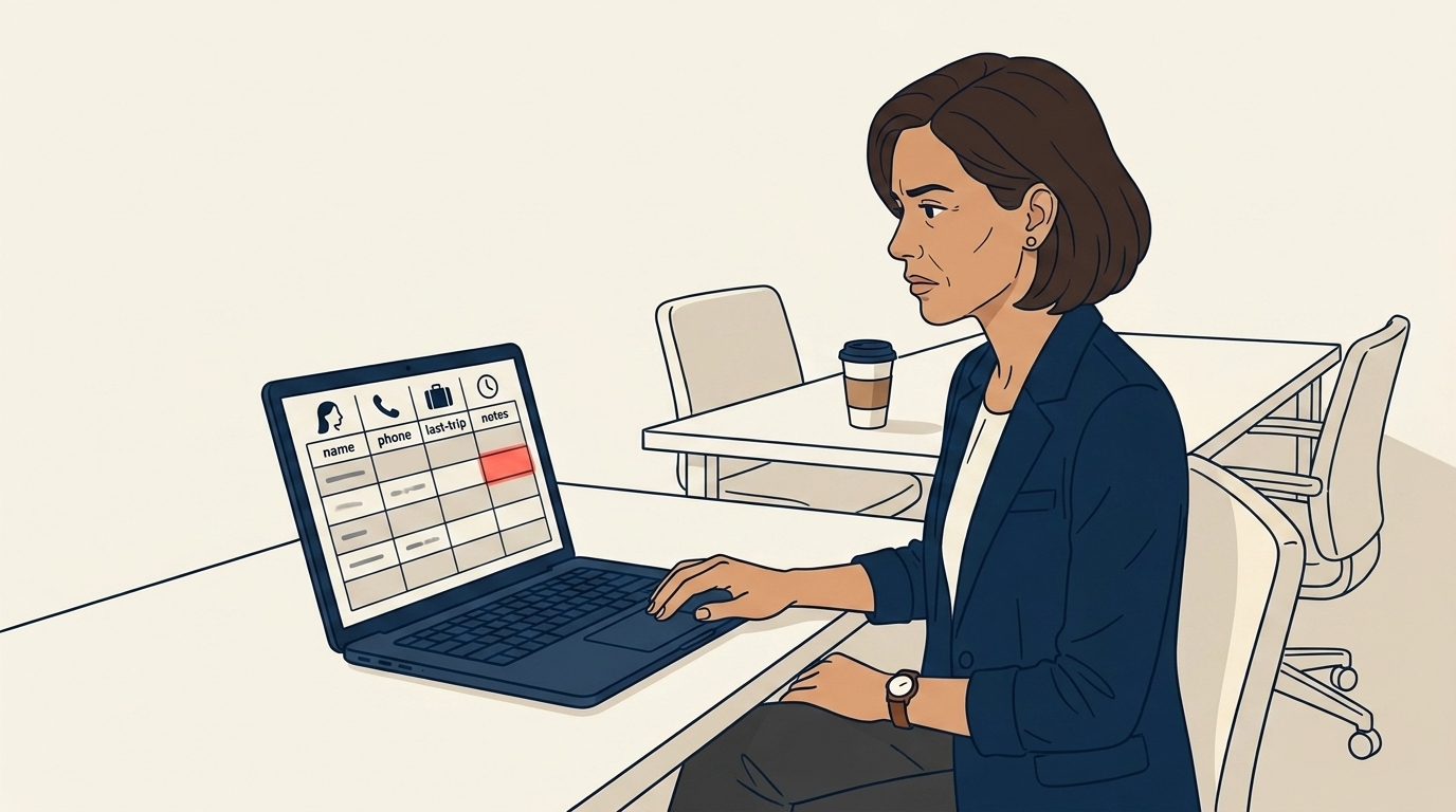 Maya at her desk staring at a spreadsheet with sparse columns, considered concerned expression, late-afternoon office