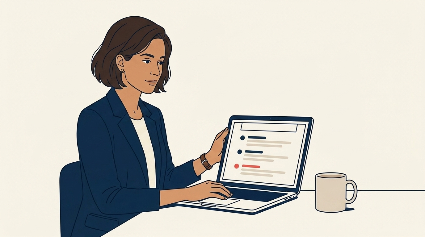 Maya di laptopnya dengan dokumen deskripsi pekerjaan di layar, tangannya sedang mengedit, tiga poin singkat terlihat dalam garis navy