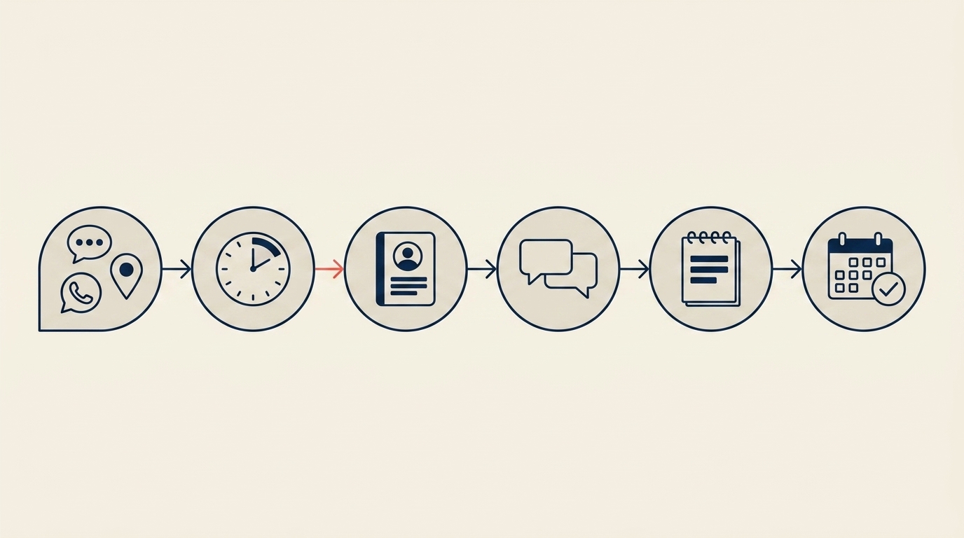 Desktop Maya dengan diagram alur pergerakan lead: pertanyaan datang, Maya membalas dalam SLA, kontak disimpan di spreadsheet, percakapan berlanjut di WhatsApp, dicatat di kolom catatan spreadsheet, pengingat tindak lanjut dijadwalkan