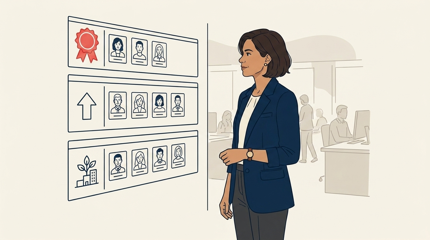 Maya at a wall display showing a quarter-to-date leaderboard with three named tiers visible (no individual names readable), small flags or icons beside each tier
