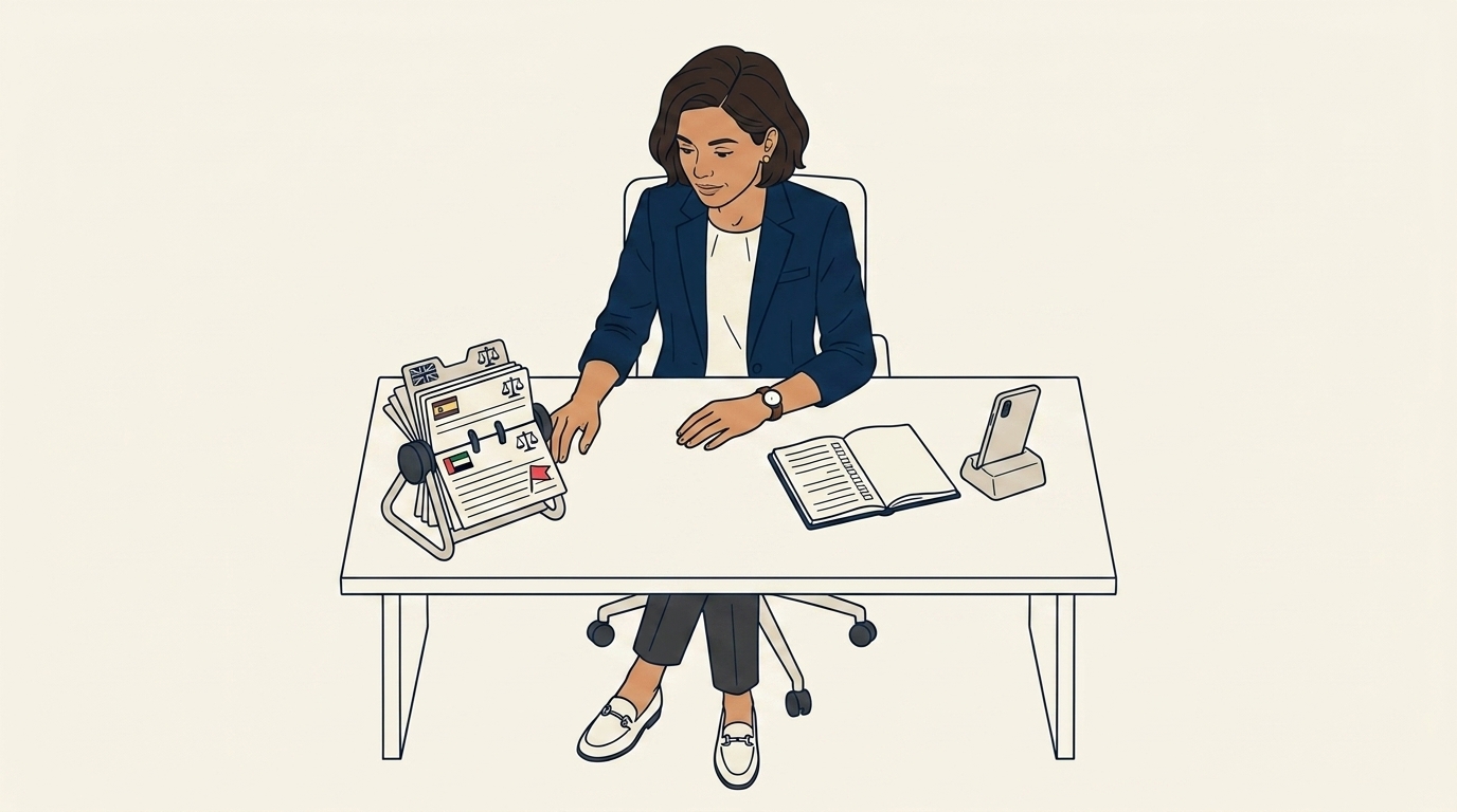Maya di kantornya dengan rolodex kecil atau daftar kontak di mejanya, tiga kartu bernama terlihat berlabel berdasarkan negara, ekspresi tenang dan metodis