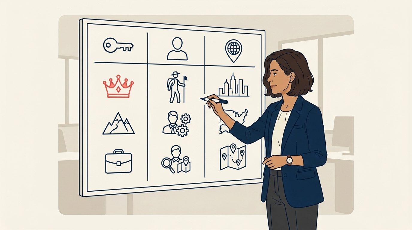 Maya at a strategy whiteboard with three reason categories listed in clean linework, segment access, talent, and consolidation, with examples beneath each