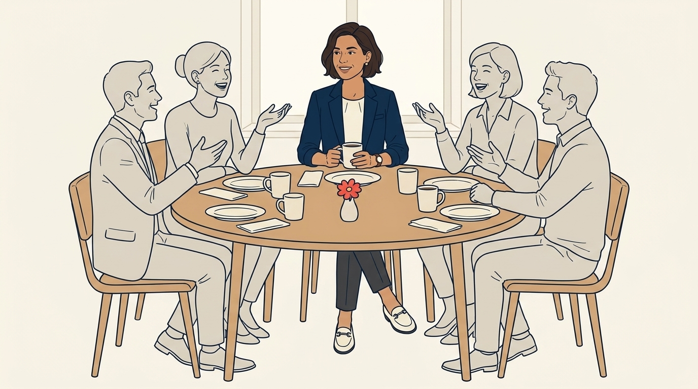 Maya at a Friday team lunch with five agents around a table, casual mood, conversation visible, no whiteboard or formality
