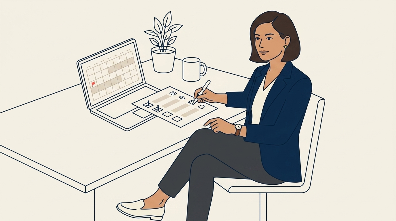 Maya at her desk with a calendar showing two weeks blocked off for the migration, a checklist beside her laptop with the 4 channels