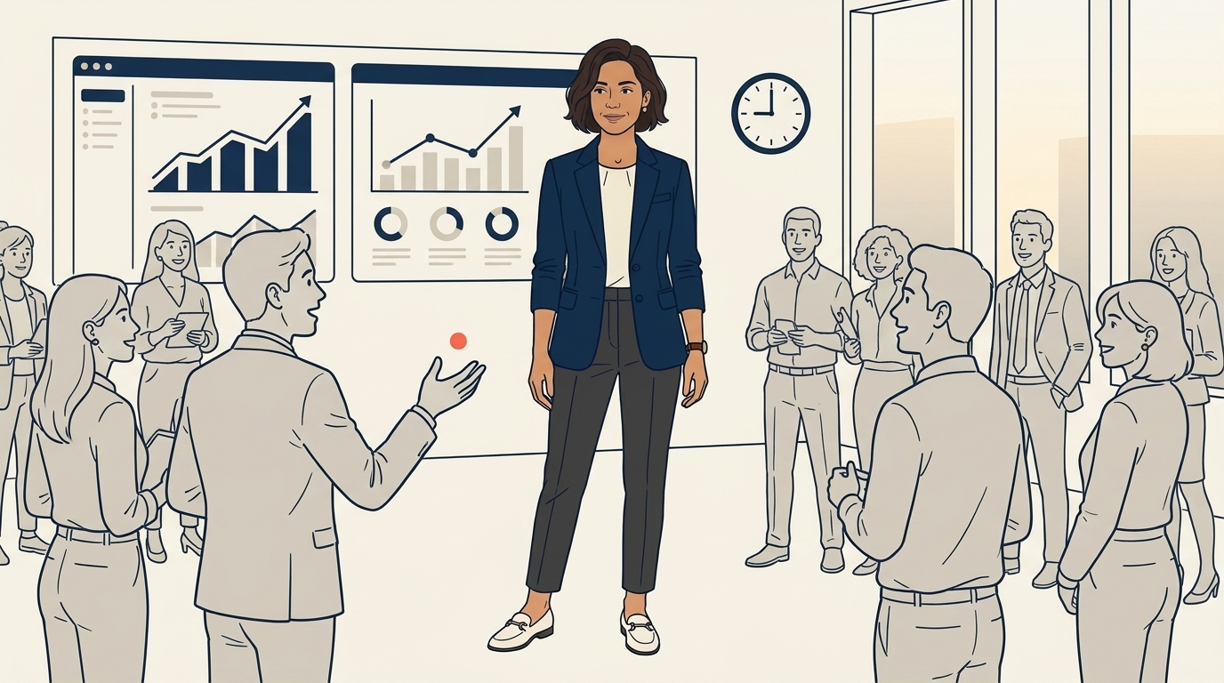 Maya standing at the front of the floor at 9:05am with all agents standing at their desks, brief lively energy, a small clock visible