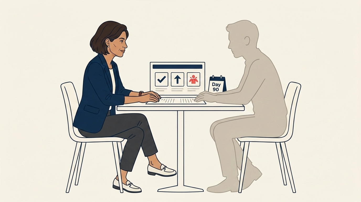 Maya dalam sesi one-on-one di pertengahan kuartal dengan manajer baru, keduanya meninjau dashboard cetak dengan tiga metrik singkat, suasana tenang dan konstruktif
