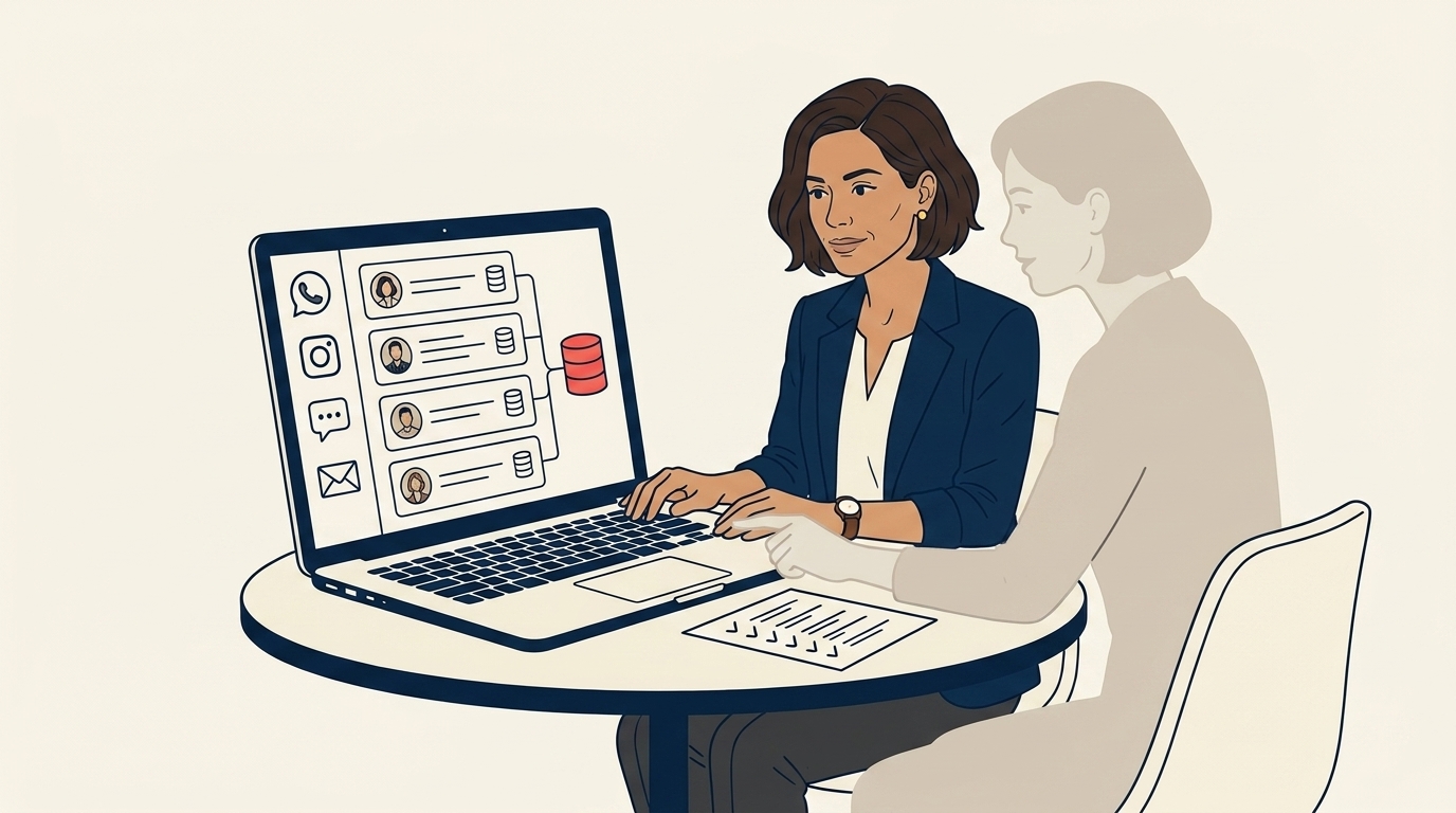 Maya seated beside the Sales Ops hire at a meeting table reviewing a vendor comparison sheet, calm methodical evaluation atmosphere, six requirement bullets visible on a printed checklist