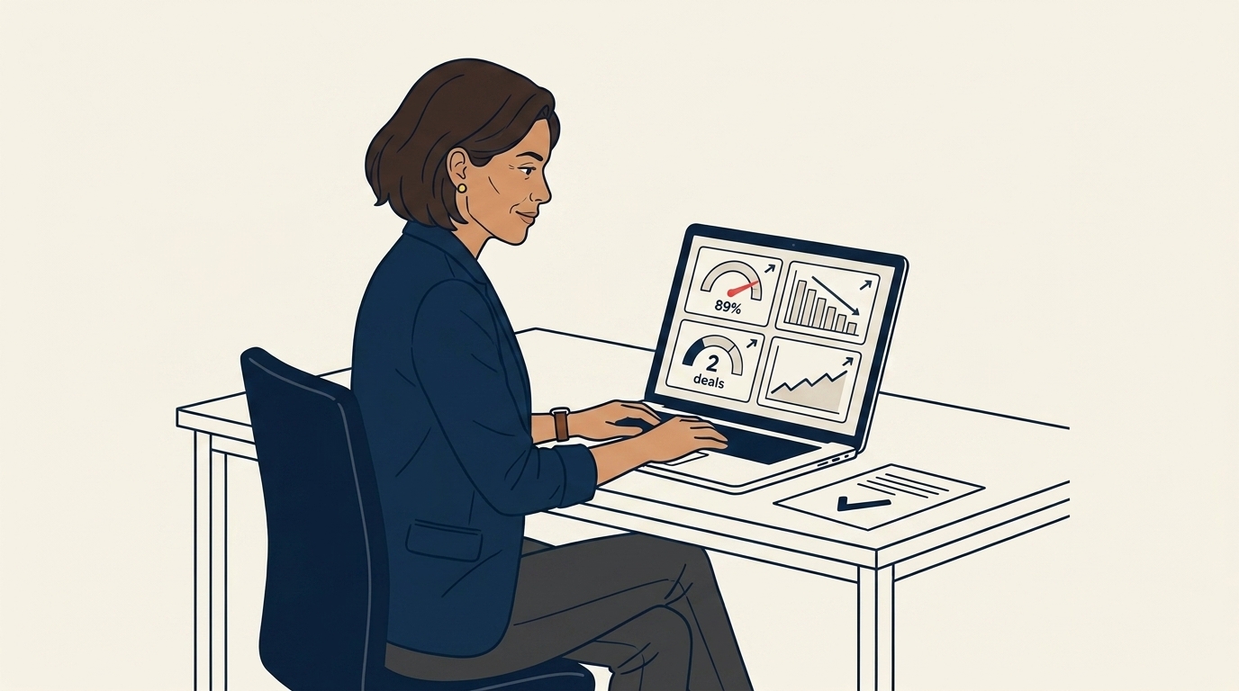 Maya at her desk reviewing a before-after metrics dashboard with four small chart cards visible, calm satisfied analytical expression