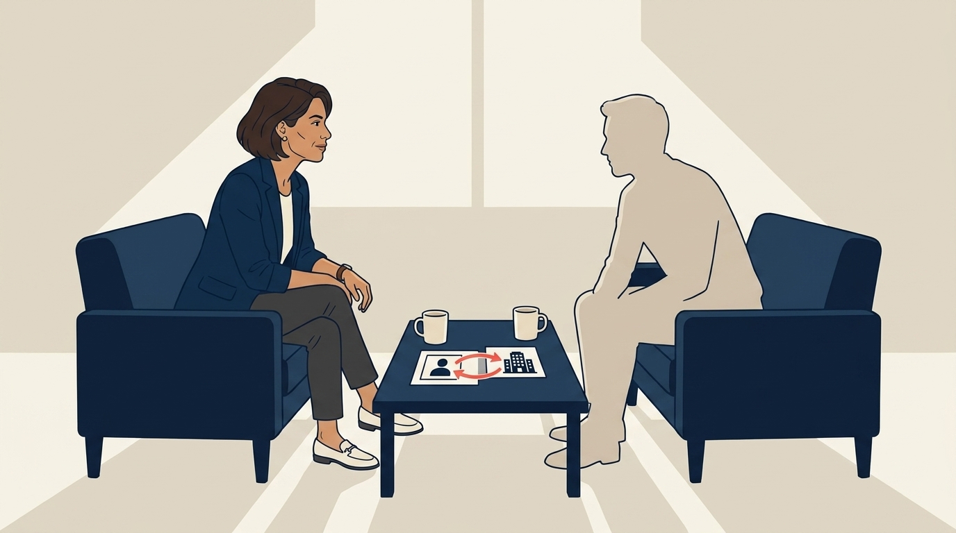 Maya seated on her office couch facing an agent figure, both calm, the agent visibly worried about being monitored, soft afternoon light