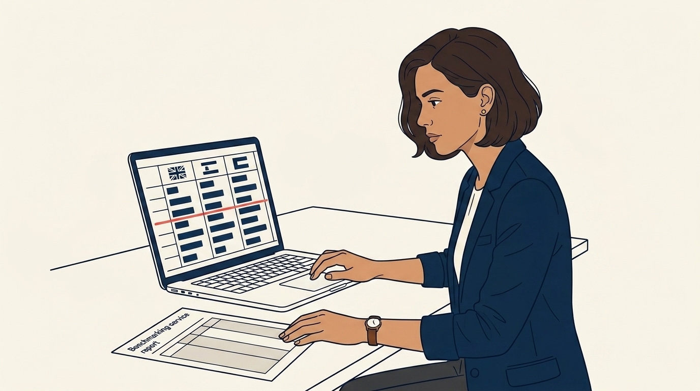 Maya di mejanya dengan spreadsheet multi-kolom menampilkan peran, negara, dan indeks kompensasi yang dinormalisasi, ekspresi fokus dan penuh pertimbangan