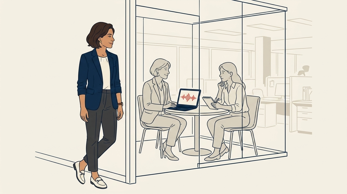 Maya in a small meeting room with two agents (one senior, one newer), both at a small round table reviewing a printed call script, calm coaching mood