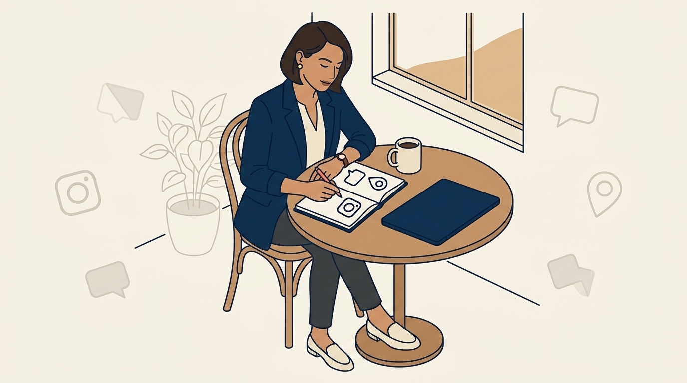 Maya di kedai kopi dengan buku catatannya terbuka, menuliskan tiga nama channel dengan catatan singkat di samping masing-masing, cangkir kopi di sampingnya