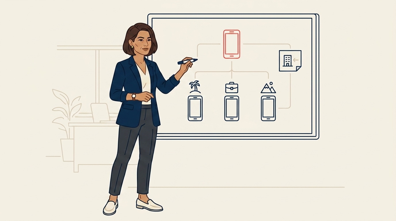Maya at a wall whiteboard drawing the chosen architecture: a main agency phone-icon at top in coral, then three product-line phone-icons below it (leisure, corporate, private tours), thin connector lines between them, a small "owned by agency" building-icon to the side, calm decisive posture