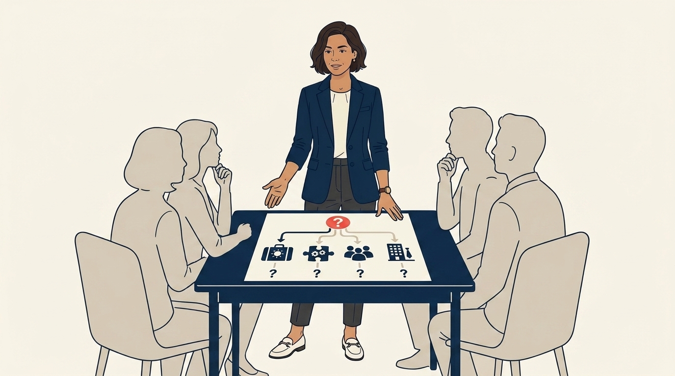 Maya en una pequeña sesión de capacitación con tres agentes, una hoja de referencia impresa visible sobre la mesa titulada con tres columnas, explicación tranquila