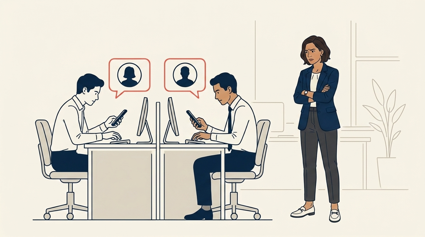Two travel agent coworkers at their desks, both typing into their phones at the same time, with the same prospect's Instagram DM visible on both screens, Maya watching from across the room