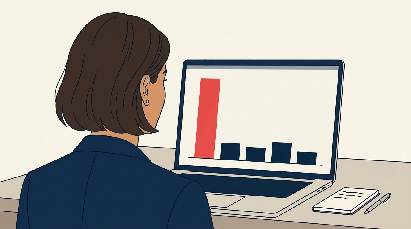 Maya at her laptop, looking at a bar chart showing one agent with 60 percent of the leads and the other four agents with much smaller bars