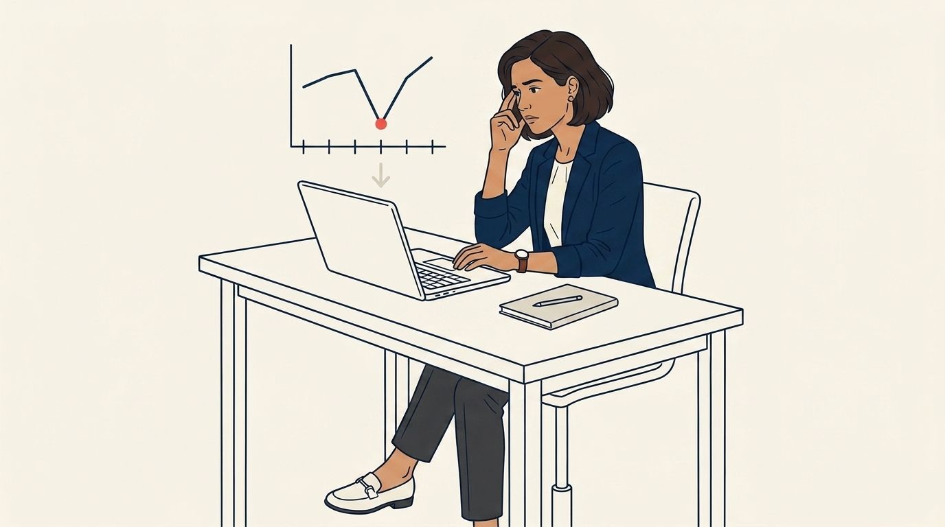 Maya at her desk reviewing a productivity-trend chart on her laptop showing a clear dip across months 2 and 3, a single coral-red marker on the steepest decline, considered concerned expression
