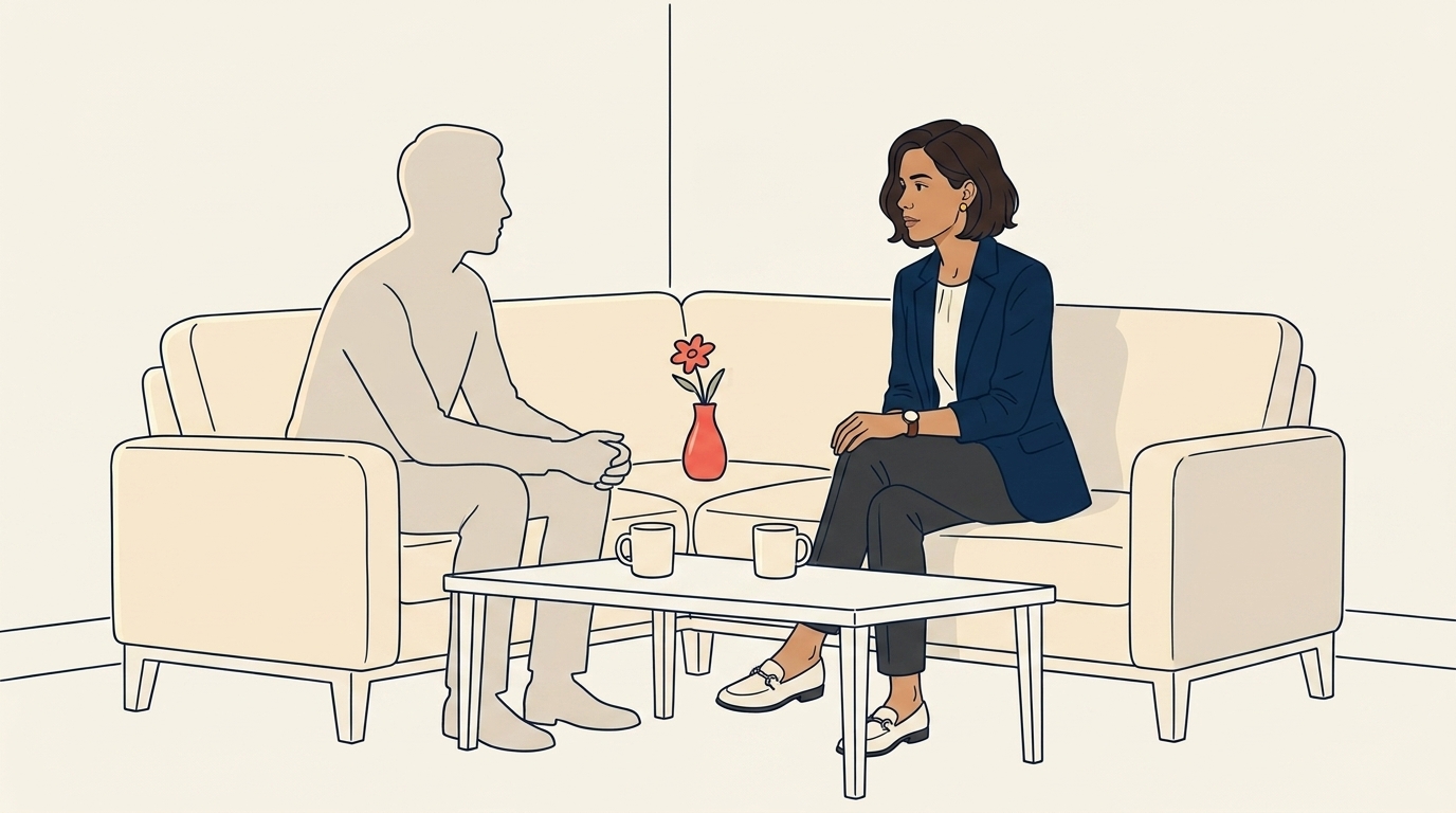 Maya dalam sesi one-on-one dengan produser yang dipromosikan, keduanya duduk di sofa kantornya dalam percakapan jujur, tanpa laptop, suasana sulit namun penuh perhatian