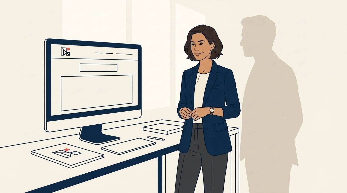 Maya at a small launch event with the corporate lead, both viewing a clean monitor showing the new sub-brand's homepage and LinkedIn page side by side, soft daylight, calm satisfaction