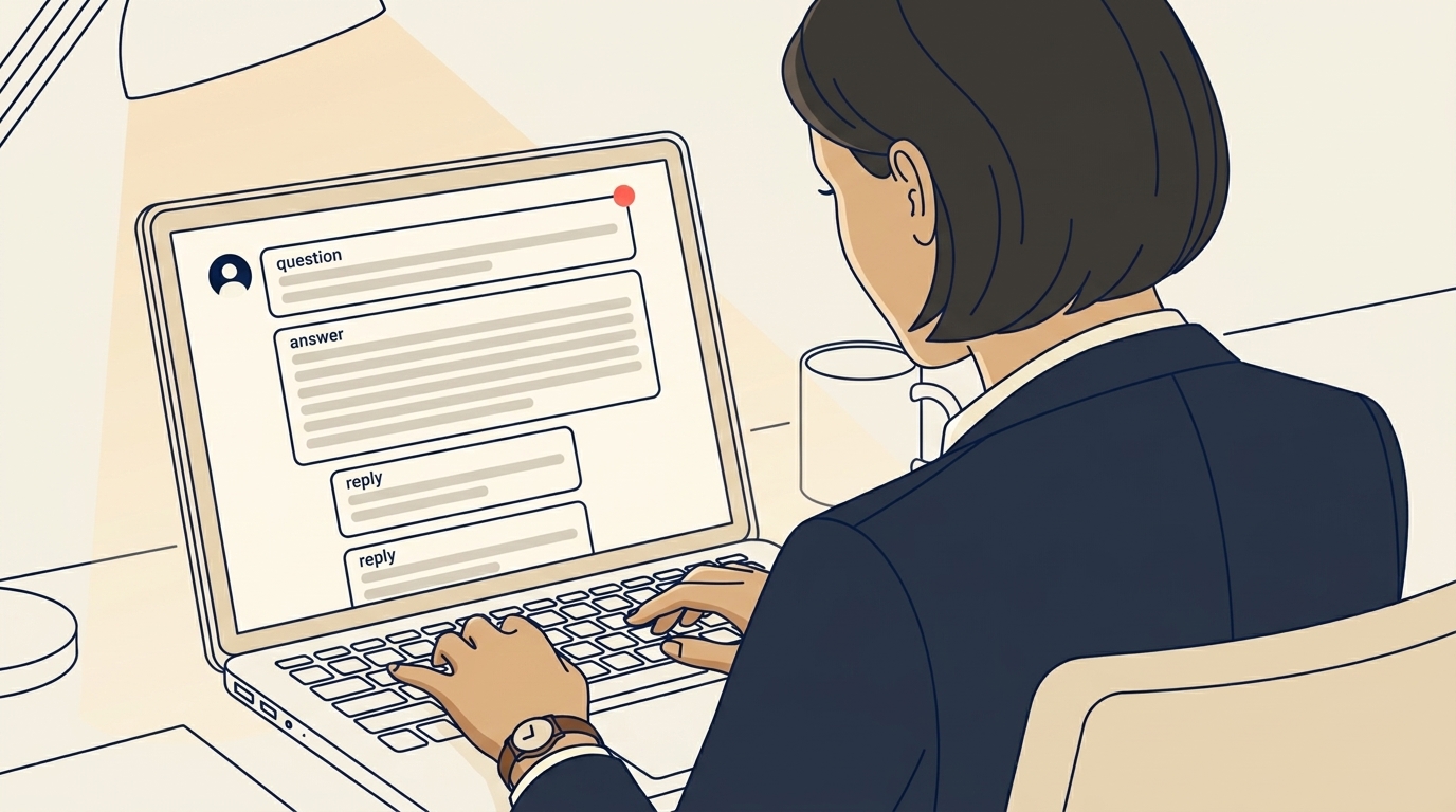 Maya at her laptop late at night, on Reddit, typing a long helpful answer to someone's question about Patagonia honeymoons