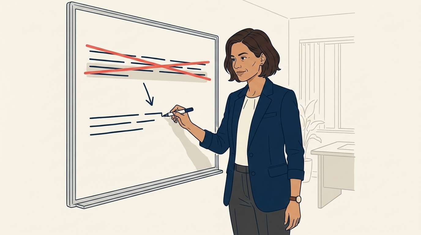 Maya at a wall whiteboard mid-stroke writing a new framing in clean linework, the old "capture conversations later" line crossed out and replaced with "who owns the numbers?"