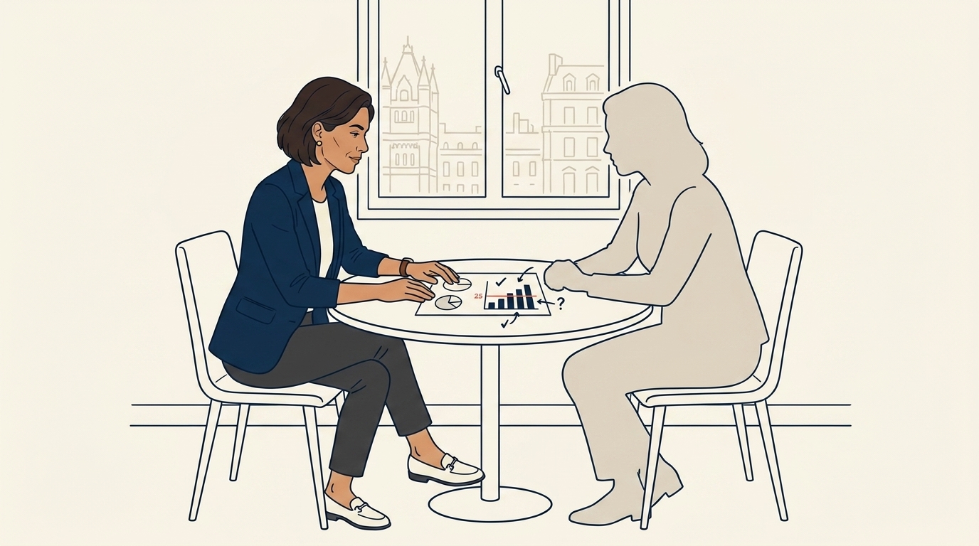 Maya di kantornya dalam sesi one-on-one dengan seorang regional HR lead, keduanya meninjau rencana tenaga kerja, rapat perencanaan yang tenang