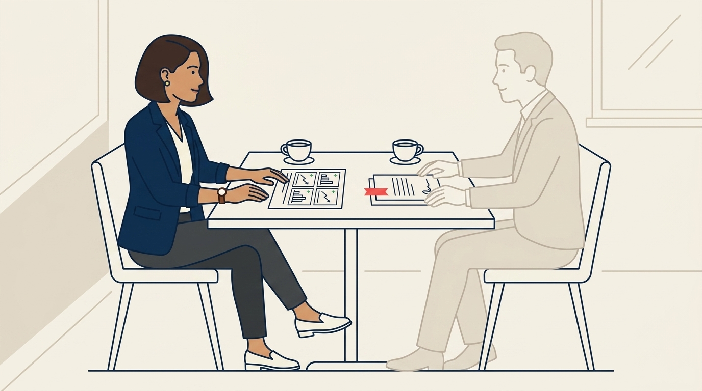 Maya dalam mesyuarat semakan pembaharuan kontrak yang tenang bersama kenalan perolehan korporat, kedua-duanya menyemak ringkasan prestasi akaun akhir tahun, suasana formal tetapi mesra