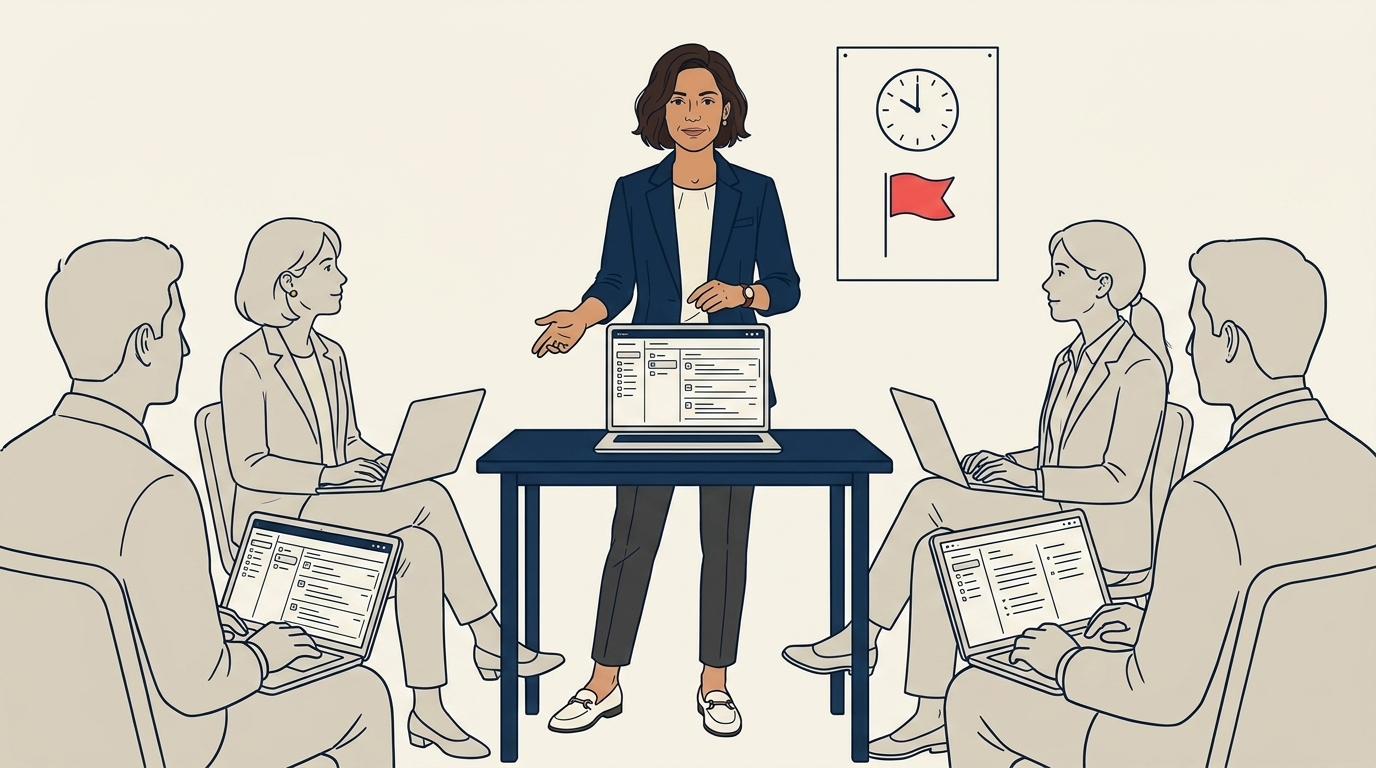 Maya at the front of a small training-corner table with five agents around it on rollout day, a single laptop showing the new inbox, calm focused atmosphere