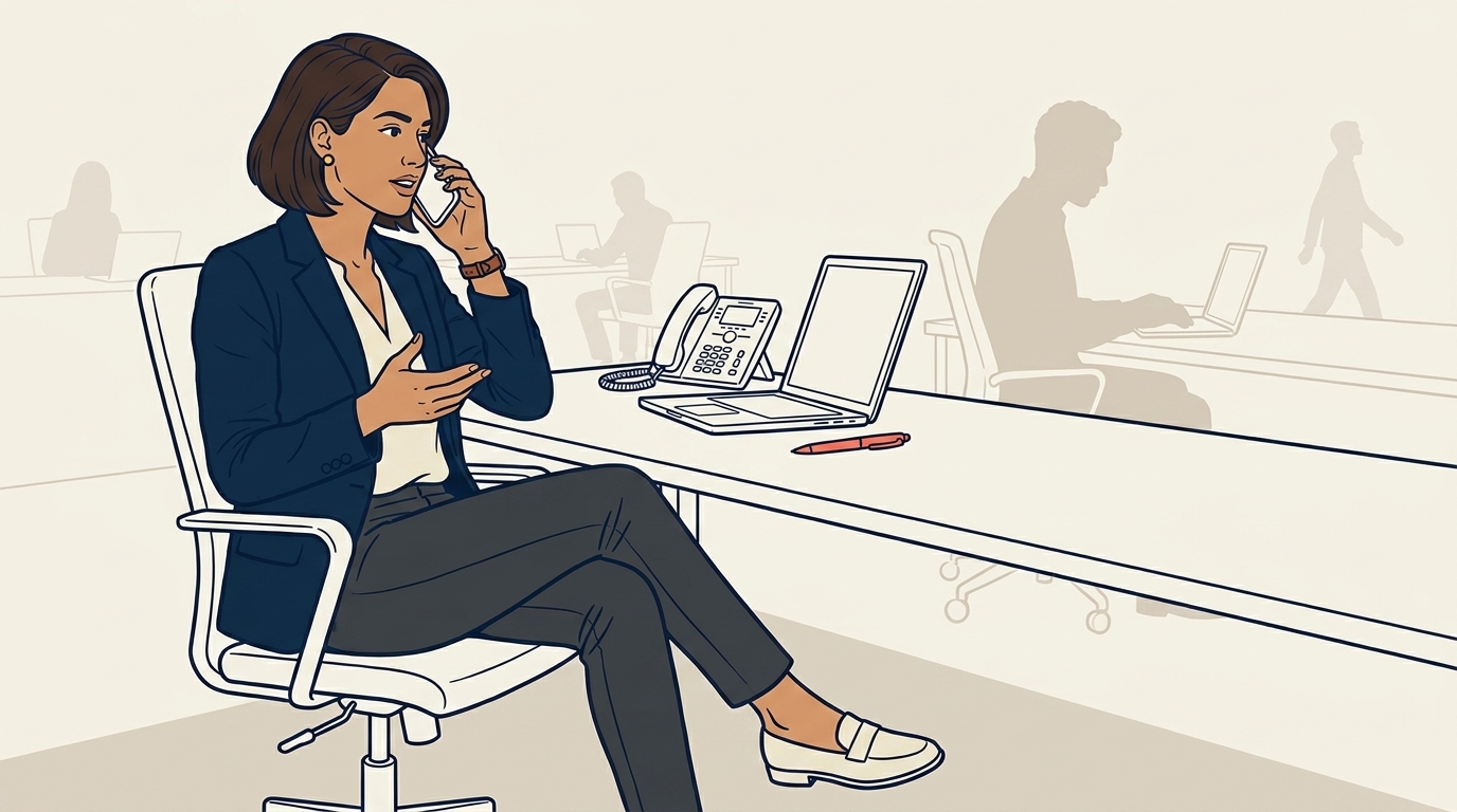 Maya di kantornya pada Selasa yang tenang, karyawan baru Sales Ops terlihat di meja pada latar belakang bekerja secara mandiri, Maya fokus pada panggilan penjualan, tidak ada spreadsheet terlihat
