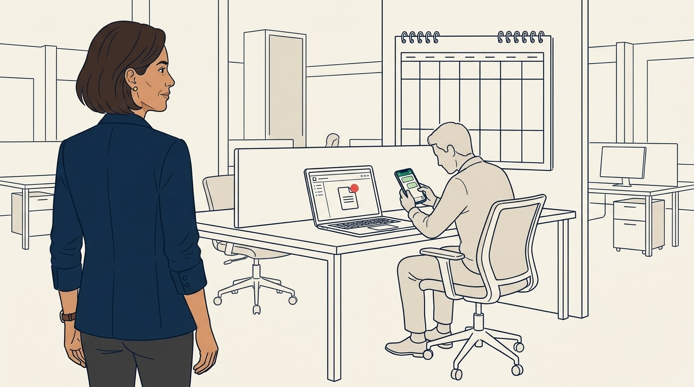 Wide over-the-shoulder view of Maya watching an agent at their desk who is absorbed in a phone chat while the shared-document on their laptop sits untouched with a coral unread-badge