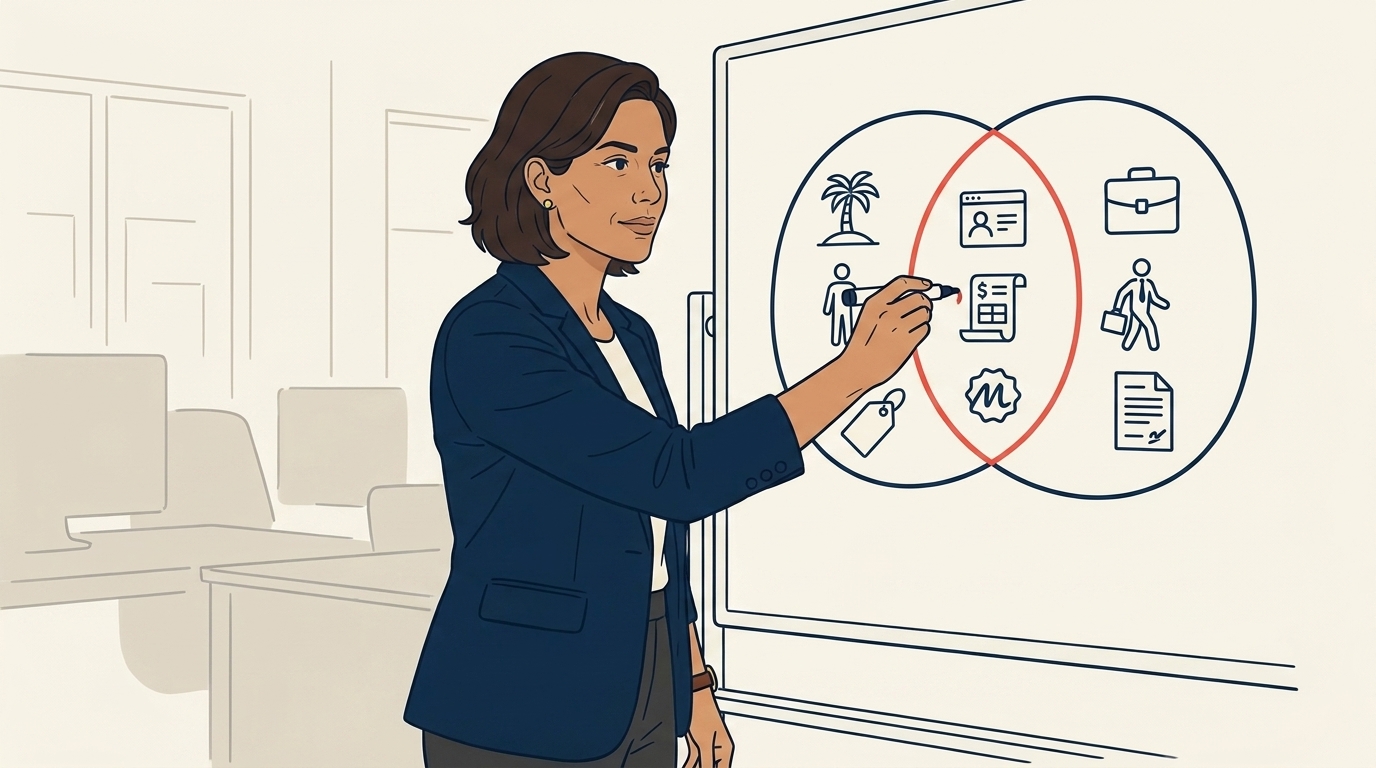 Maya at a strategy whiteboard drawing a Venn diagram with shared elements in the middle and split elements on each side