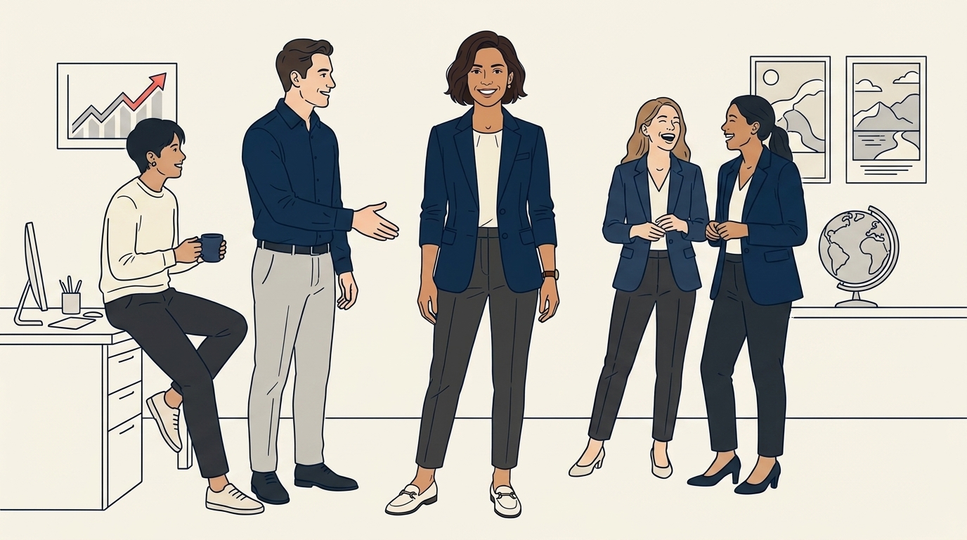 Maya and her five agents at a small office celebration, with a dashboard on the wall showing increased bookings and healthy lead distribution across the team