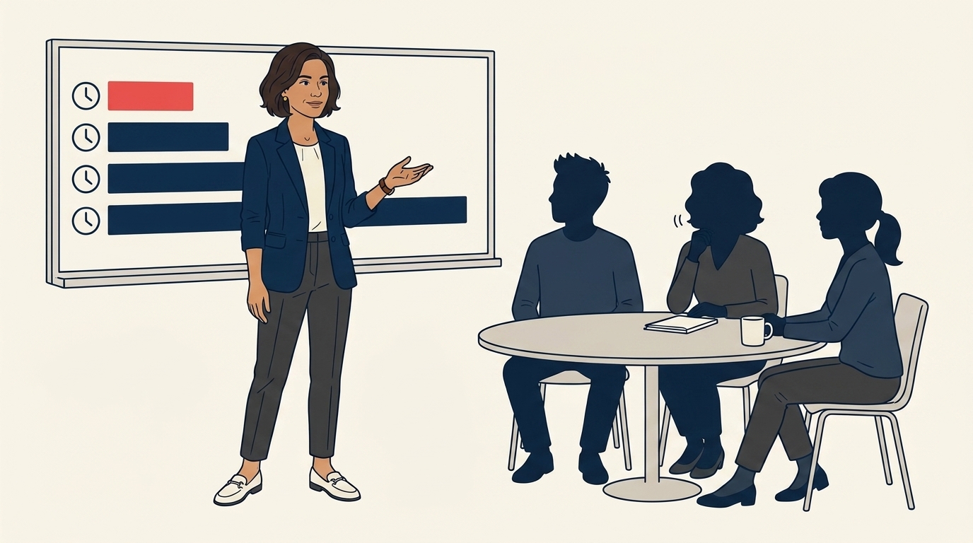 Maya at a team meeting explaining channel-specific SLAs on a whiteboard, her agents seated and nodding, a calm pragmatic tone visible
