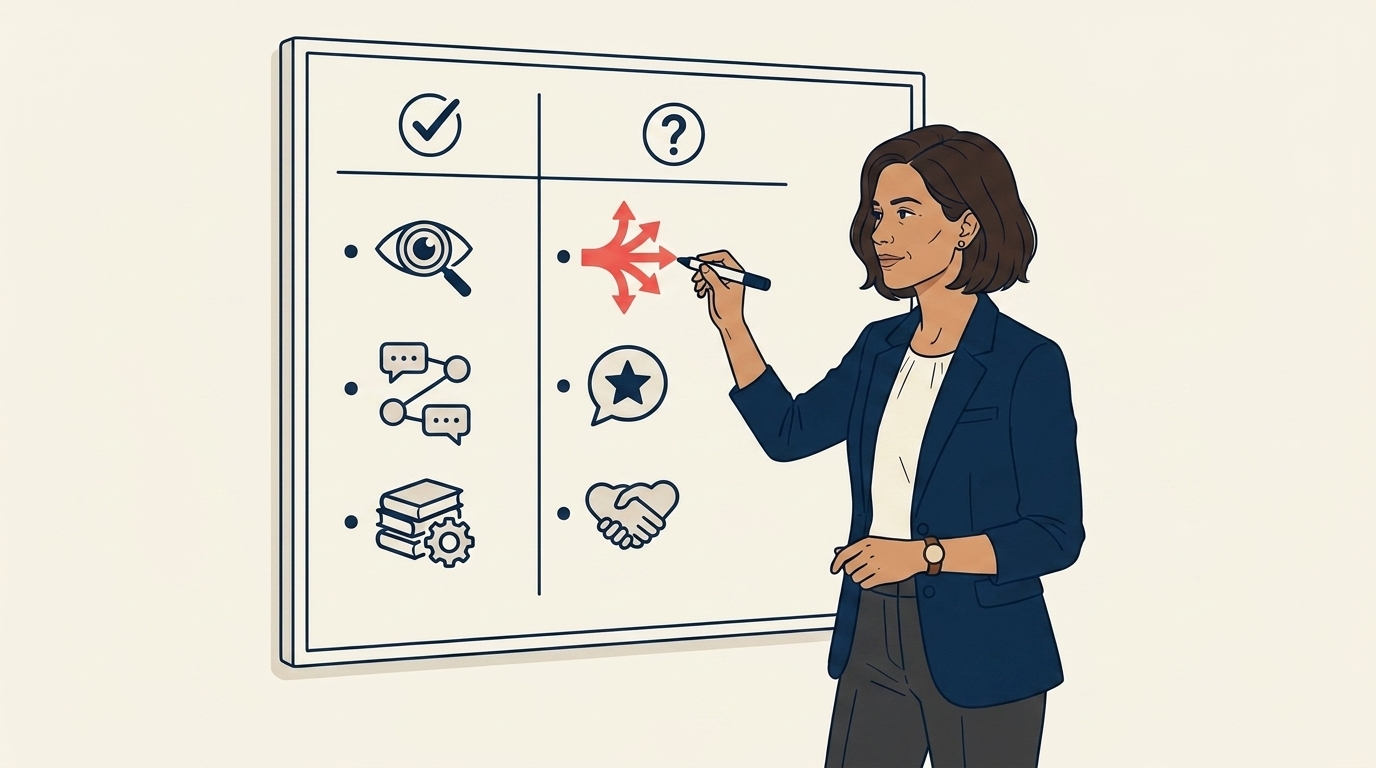 Maya at a wall whiteboard with two columns labeled "Platform fixes" and "Platform doesn't fix", the right column visibly populated with three persistent problems, calm honest assessment posture